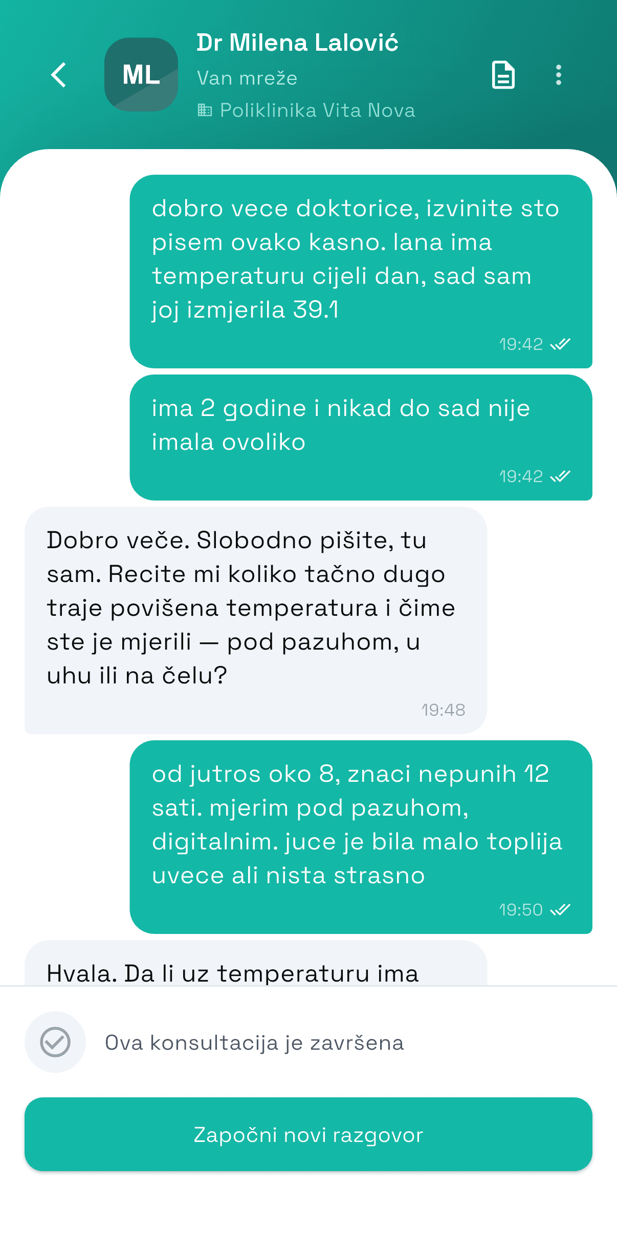 Aplikacija Doktor Plus: konsultacija porukom sa Dr Milenom Lalović, Poliklinika Vita Nova, o visokoj temperaturi kod djeteta